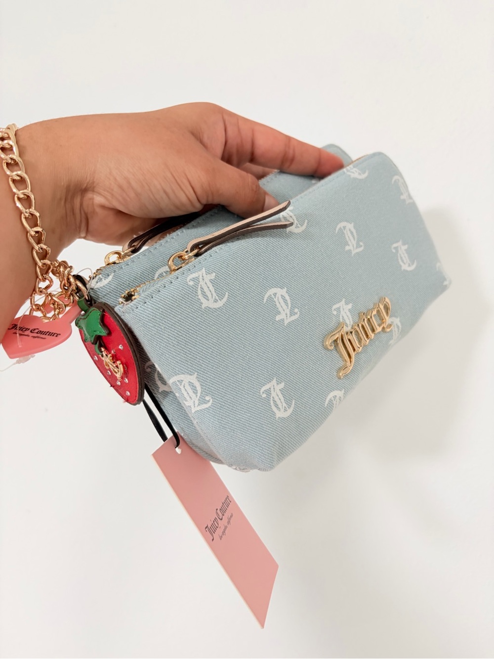 Juicy Couture Powder Blue Logo Canvas Wristlet with Strawberry Charm